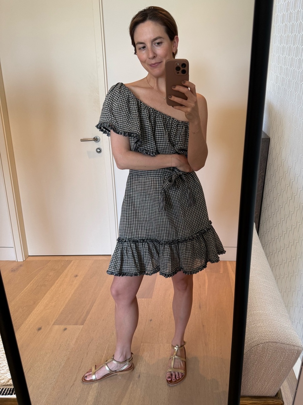 Zimmermann Black and White Gingham One-Shoulder Ruffle Dress